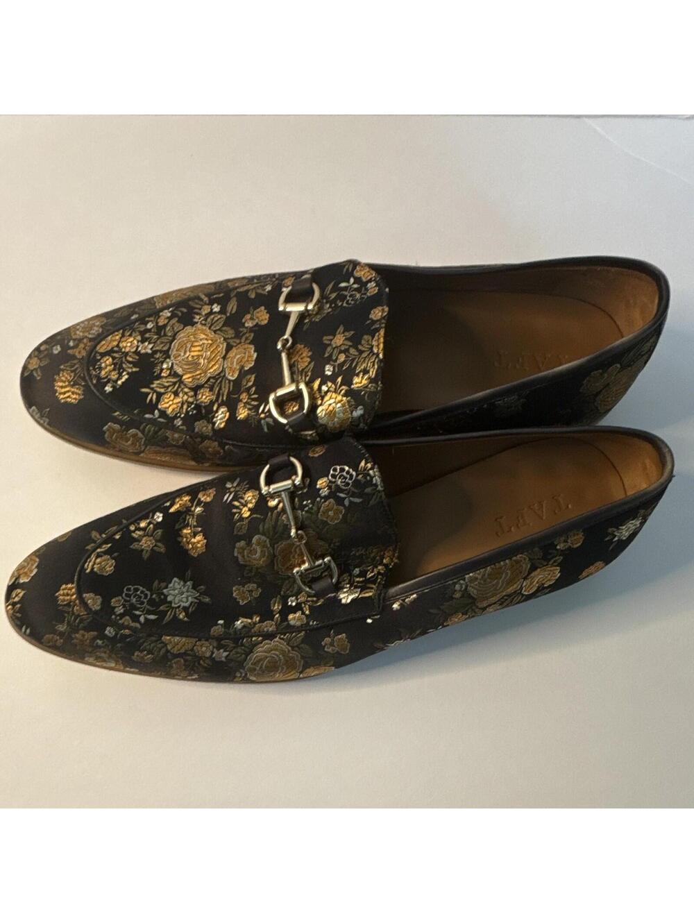 TAFT Men's Black/Gold Floral Leather Slip-On Dress Loafers Almond Toe EU45